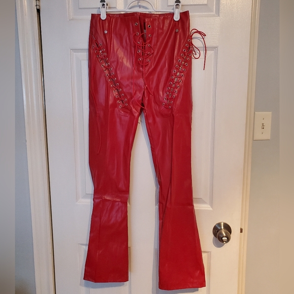 Amazon Pants - Red Leather Lace Up Hight Waisted Straight Leg Pants